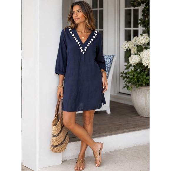 Sail to Sable Dresses & Skirts - STS Sail to Sable Dress Navy White Tassel Tunic Coastal Resort Boho Large